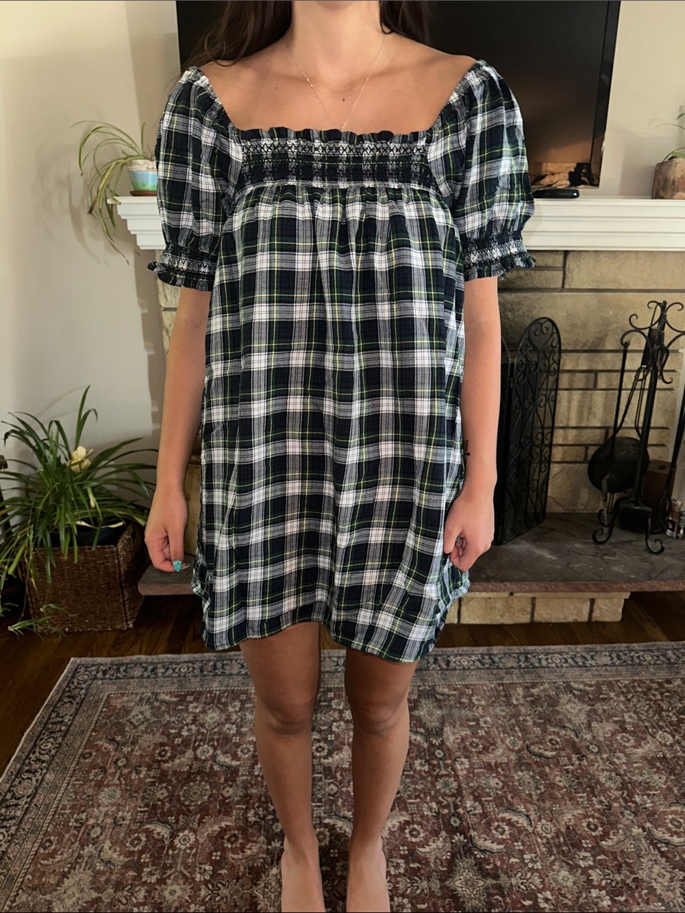 American Eagle Outfitters Blue, White & Green Plaid Smocked Mini Dress